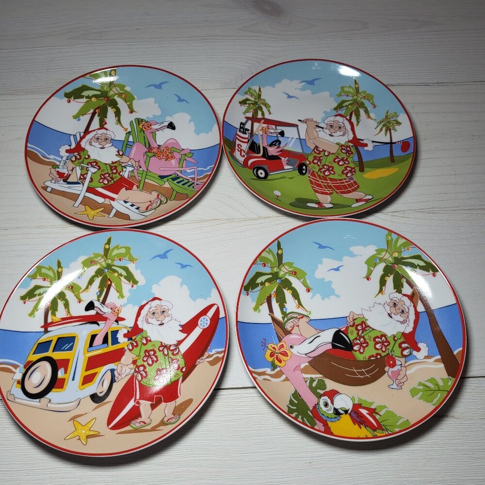 Santa Plates Set of 4 Wish You Were Here Vacation Christmas Holiday